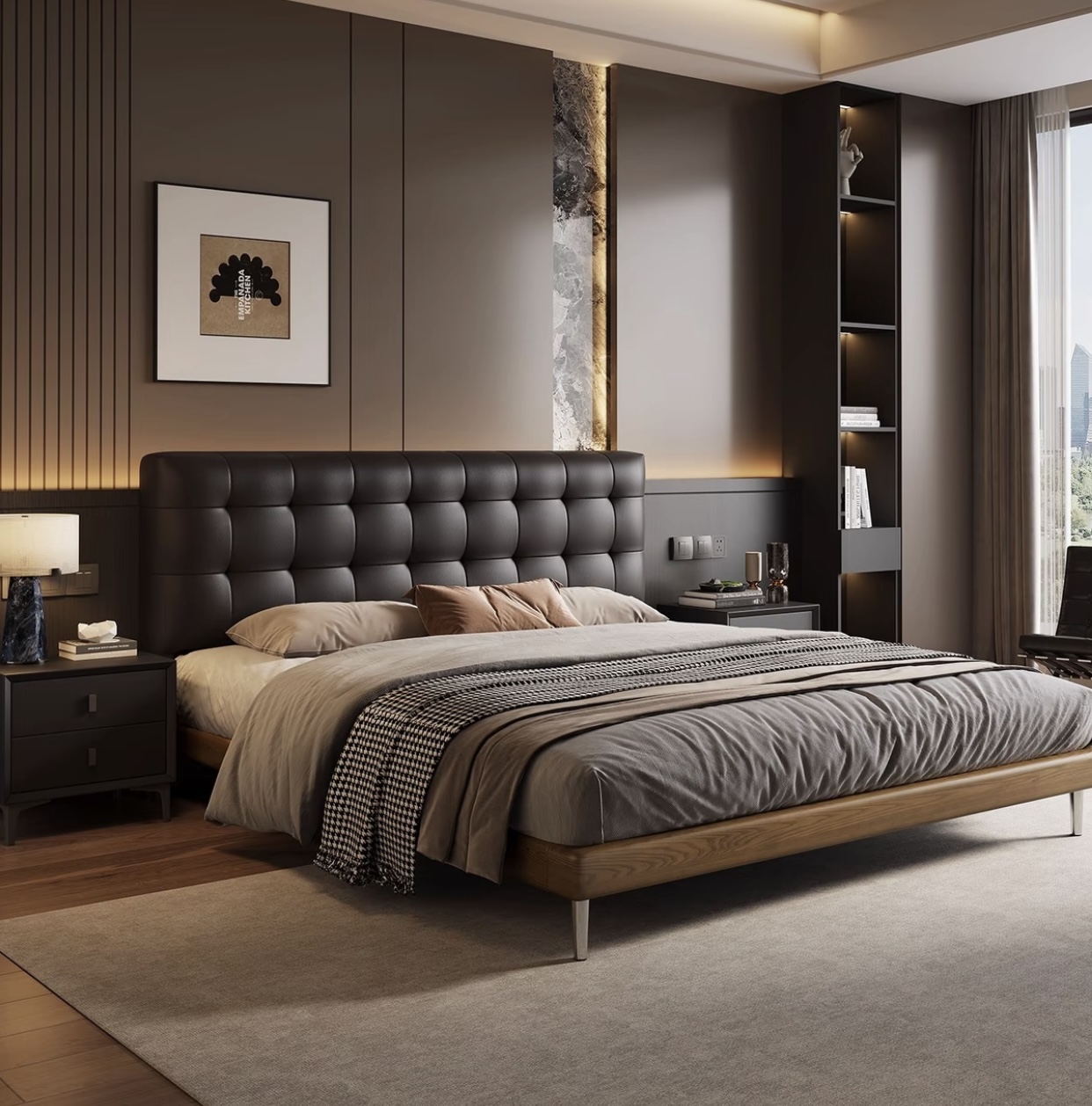 华夫格头层牛皮床现代简约双人床1.5米1.8米主卧小户型北美胡桃木