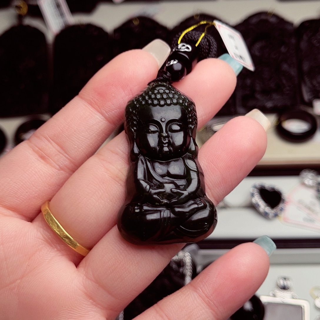 翡翠未镶嵌颈饰十级黑天然缅料A货挂件 宝宝佛