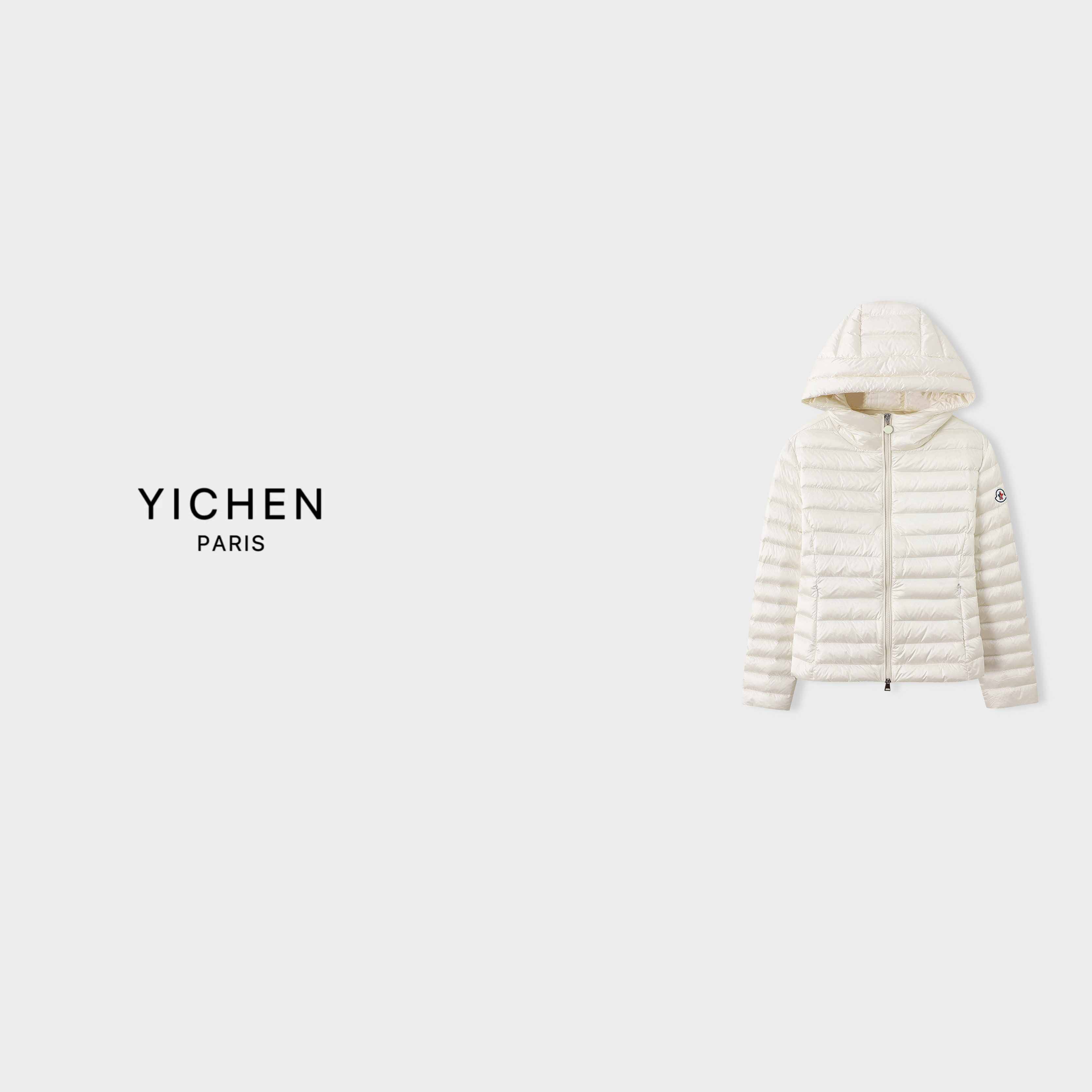 YC 奶白色轻量感压纹连帽修身羽绒服-4123