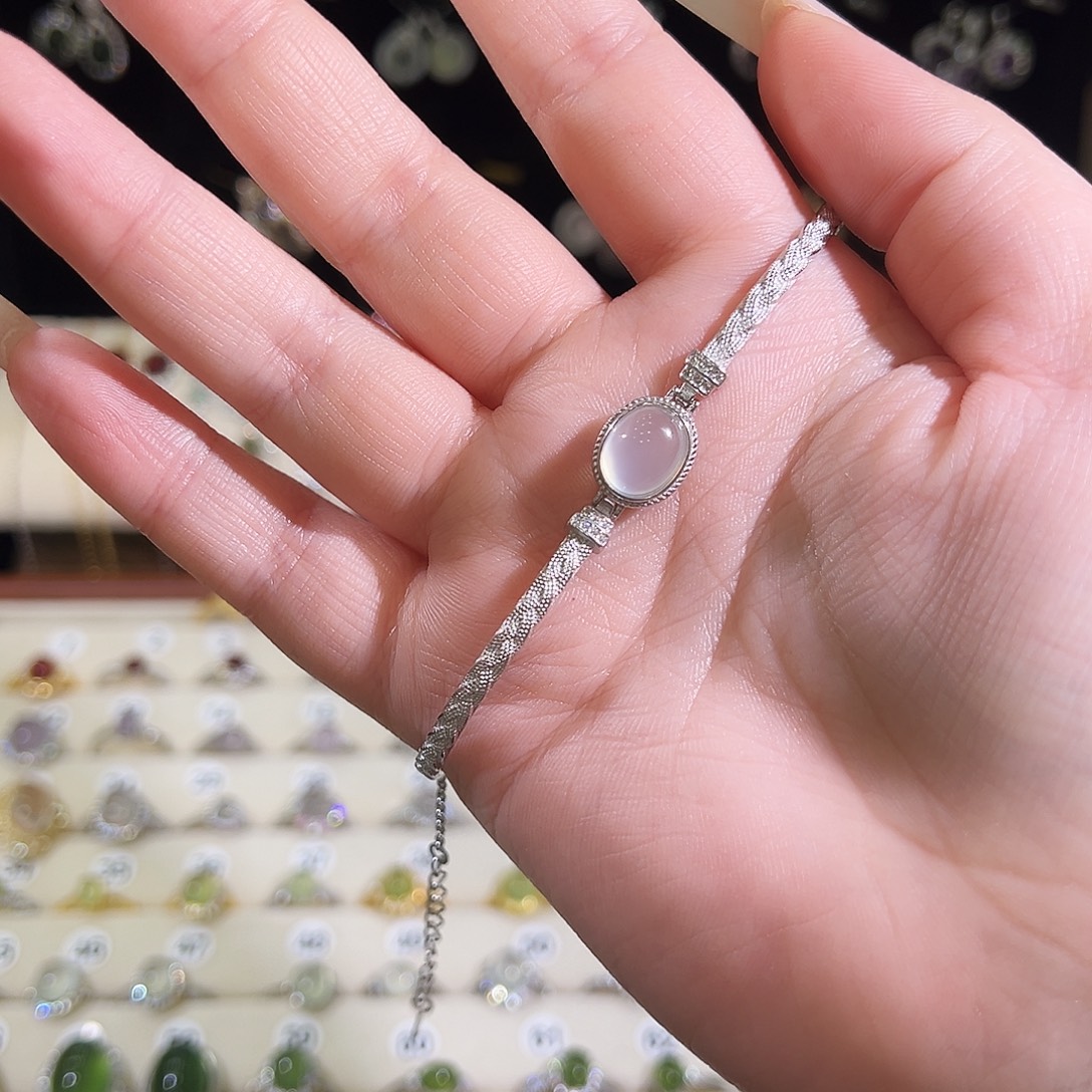 茜***蛇纹石玉银S925镶嵌手链