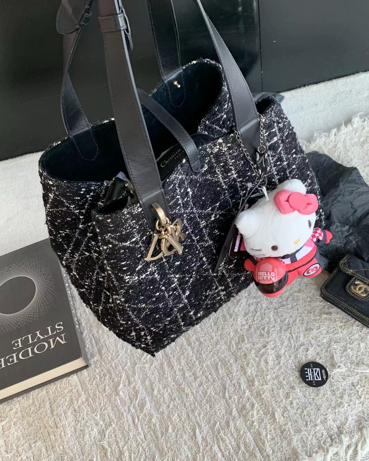 99新 DIOR/迪奥  黑色粗花呢土著中号 28cm 16805440