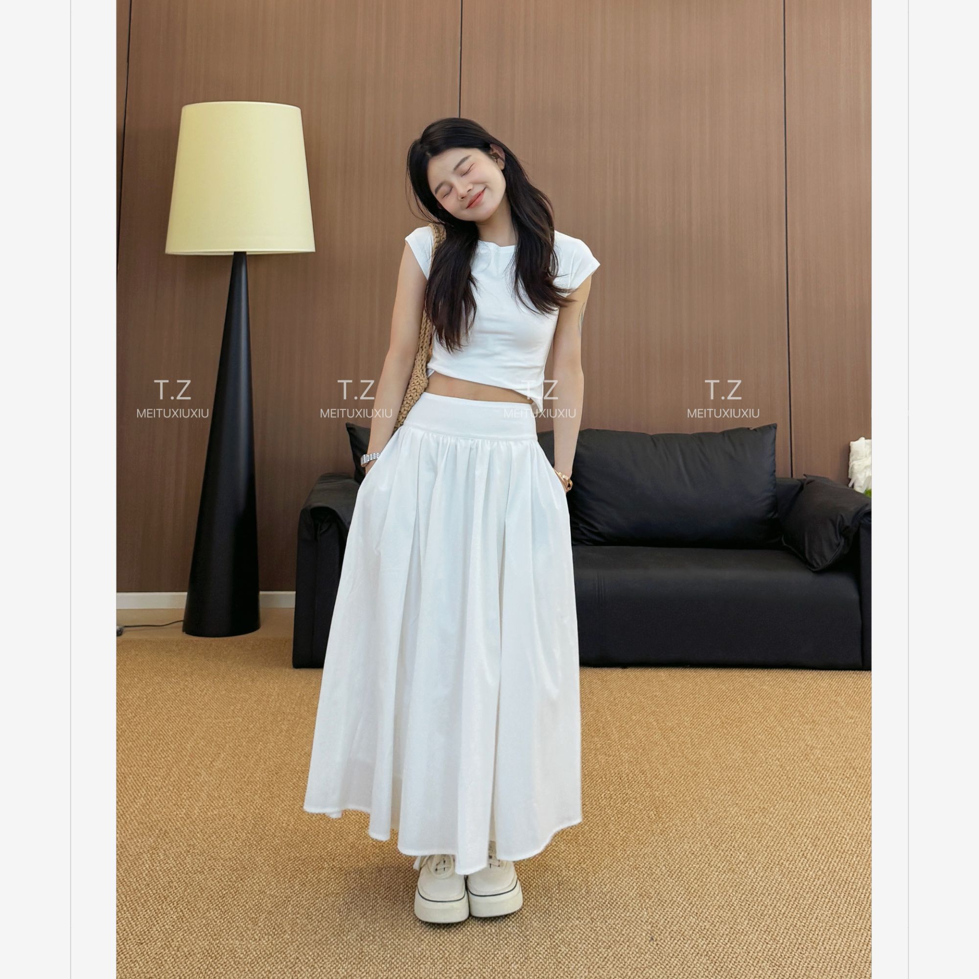 【婷子定制】~150小个子改版夏款温柔气质正肩短T半身裙两件套C658