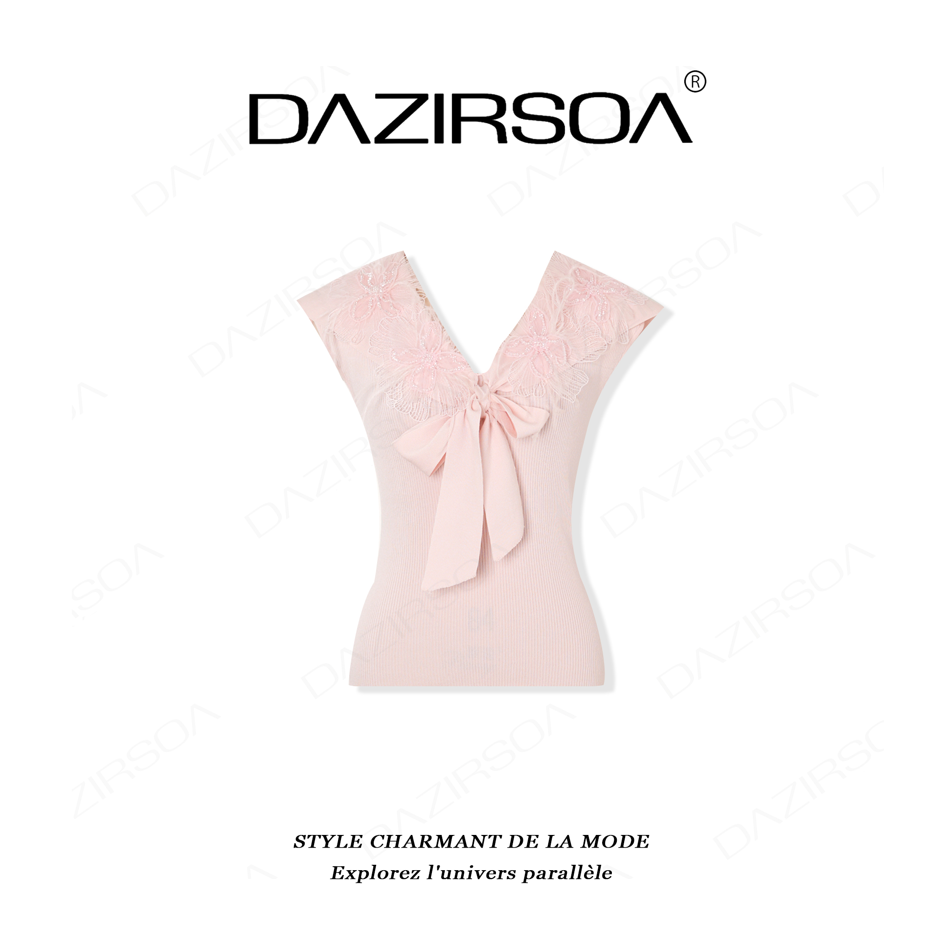 DAZIRSOA/达姿“温婉雅致”时尚百搭拼接花朵披肩领轻奢T恤 AA150