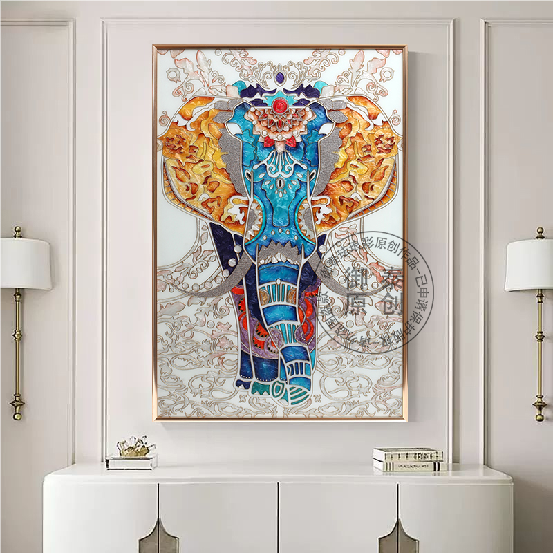 现代轻奢手绘珐琅彩玄关装饰画大象动物沙发背景画镶钻竖版入户
