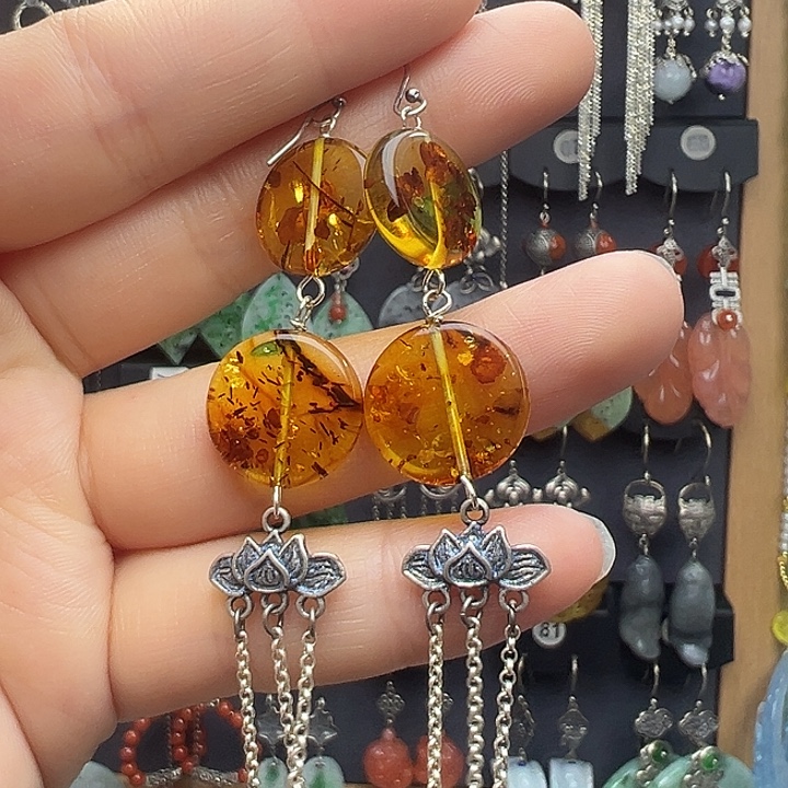 琥珀银S925镶嵌耳饰