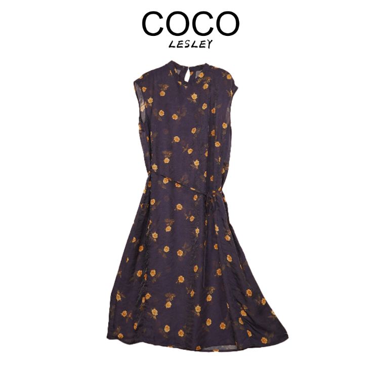 新中式法式棕咖刺绣波点连衣裙无袖印花碎花设计师