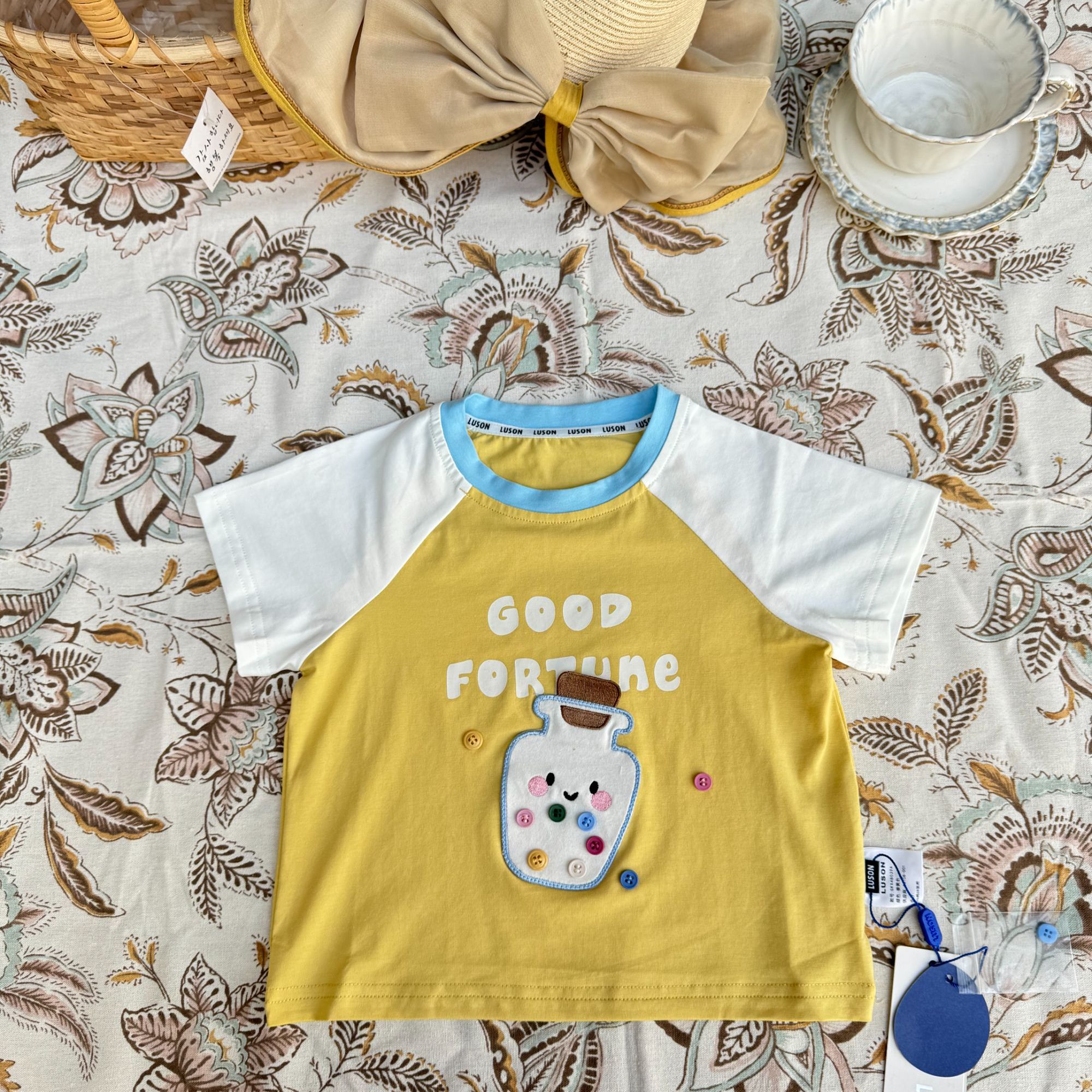 （大猪）夏季ins新款2025女童小宝可爱拼色贴布绣工艺短袖