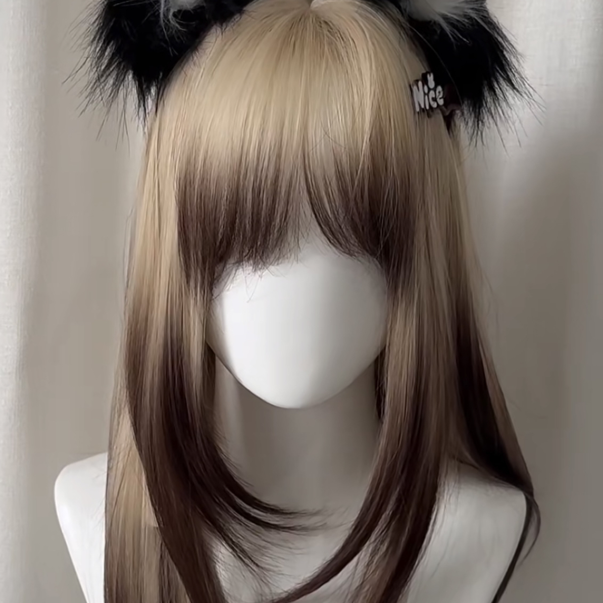 暹罗猫假发女款中长发空气刘海高层次渐变挑染全头套