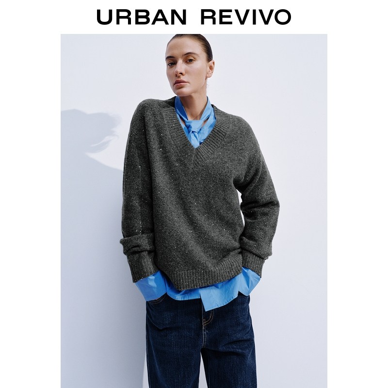 UR2026春季新款女装气质简约亮片罗纹宽松针织衫UWM960010