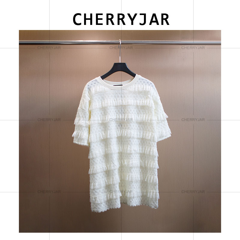 Cherryjar【251212】舒适透气纯色蕾丝短袖休闲仙女风T恤
