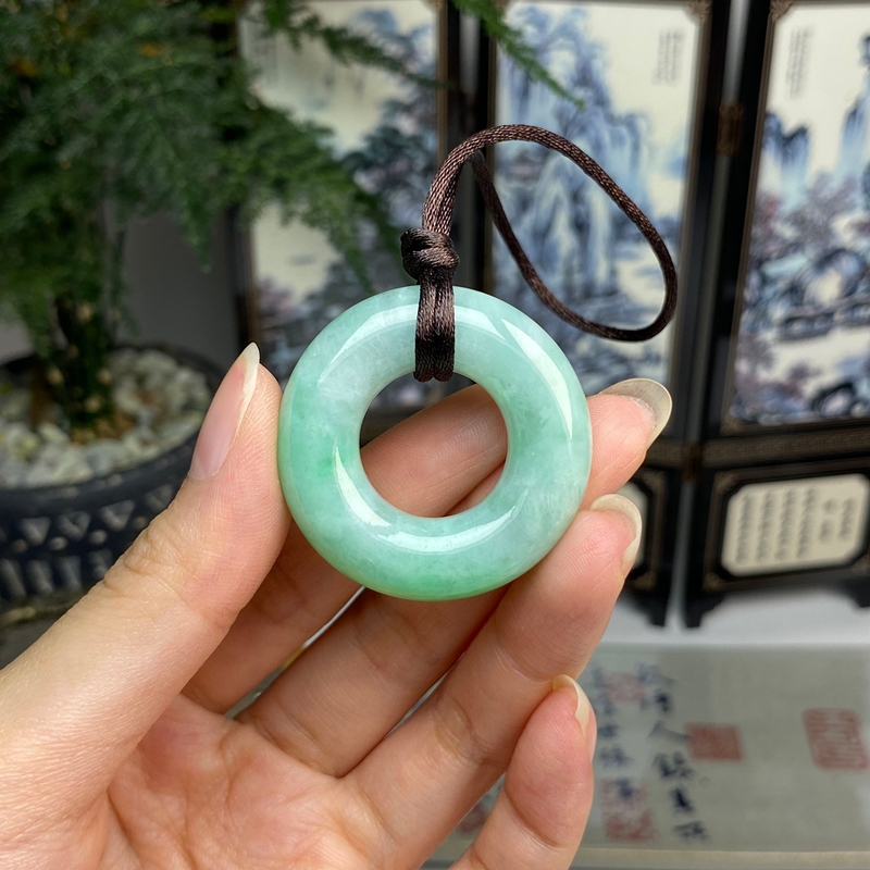 老种果绿甜甜圈平安扣玉环吊坠挂件 天然翡翠A货