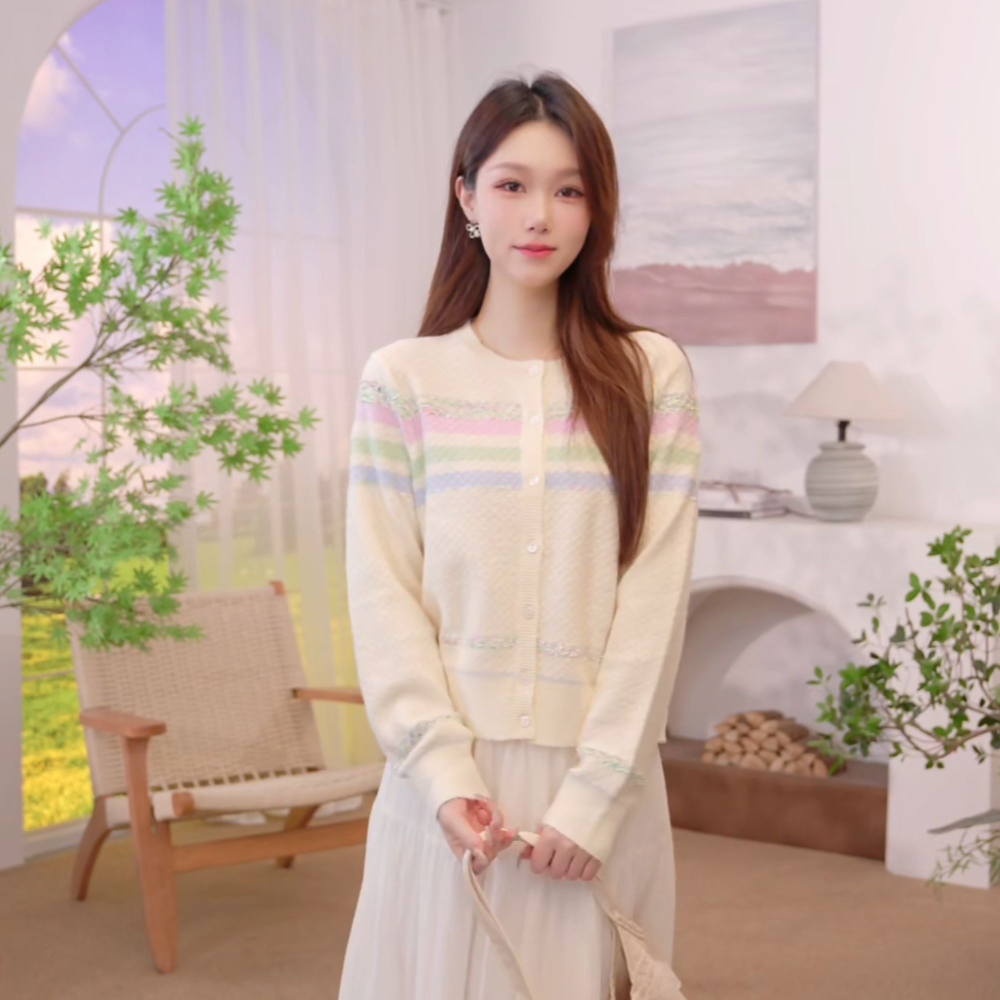 【琥珀流光】茵曼25秋季温柔风条纹银丝针织开衫慵懒宽松毛衣外套
