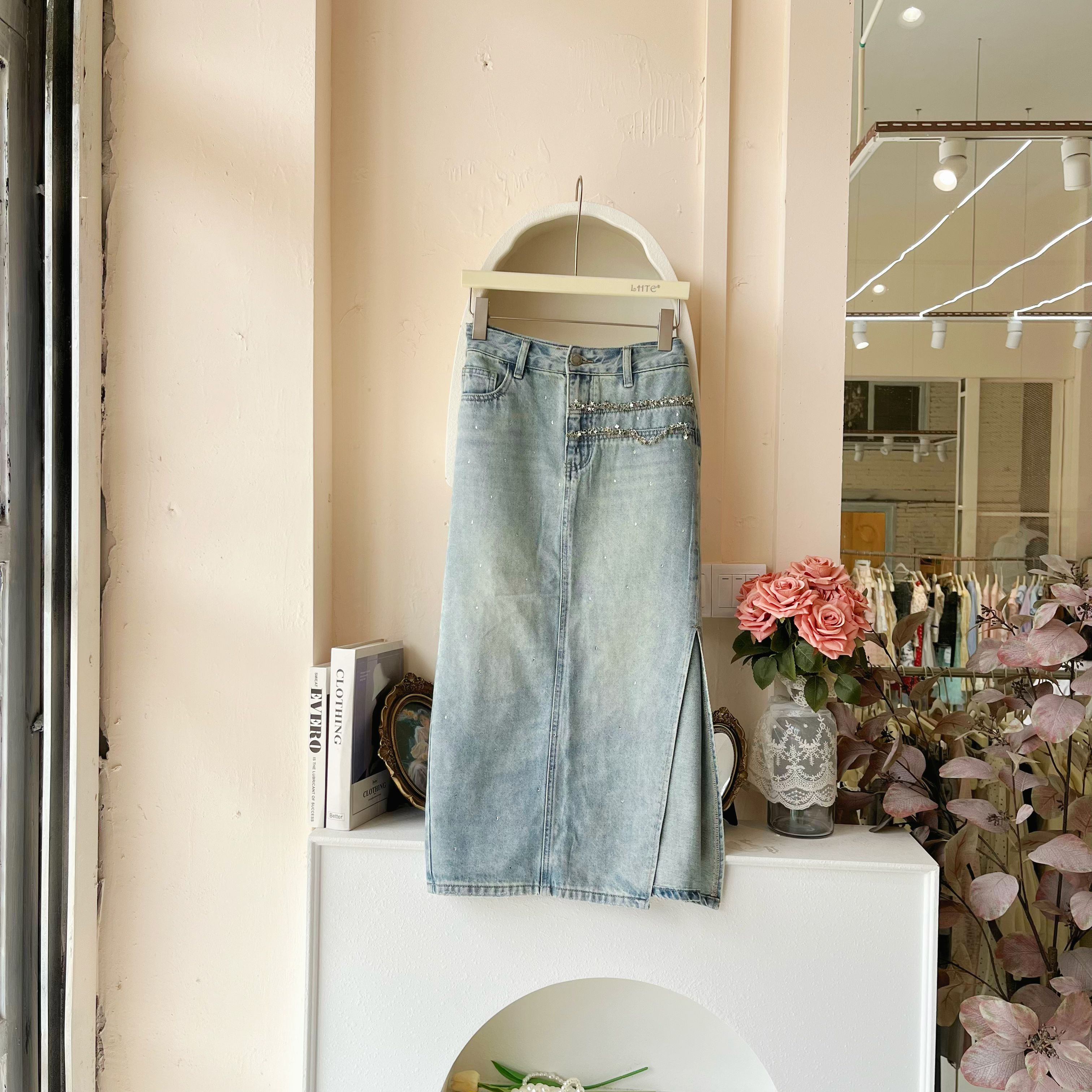 LHTE青青大码女装 夏季薄款软牛仔烫钻牛仔半身裙百搭开叉裙D2571