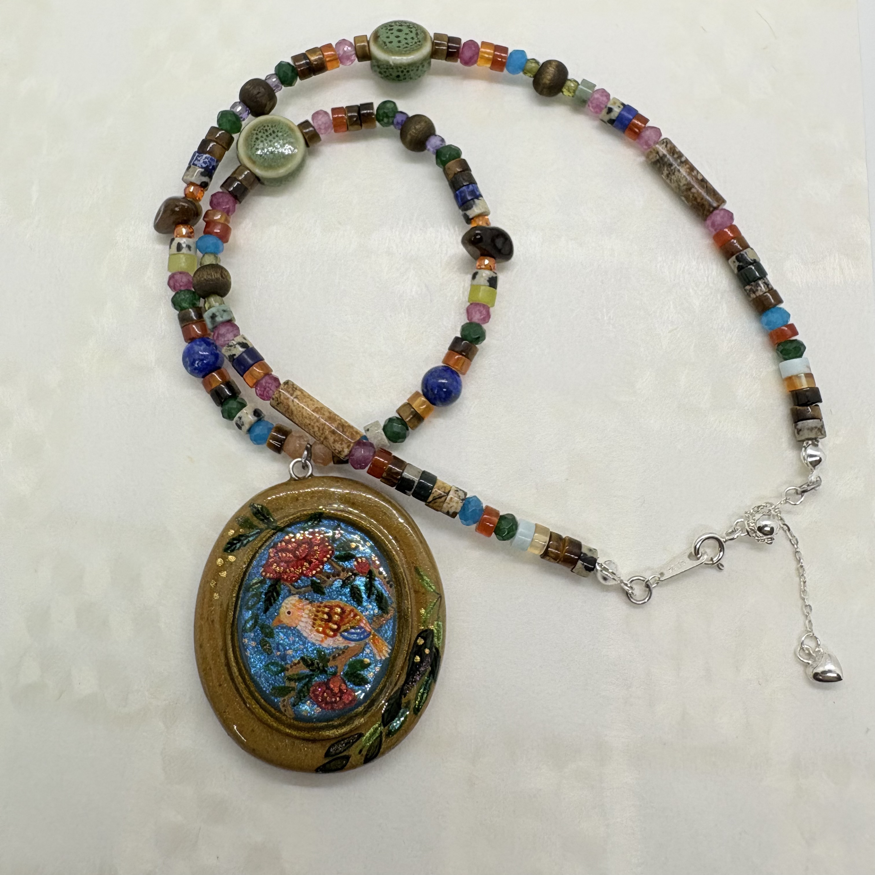 纯手工手绘软陶挂件《花鸟画蓝底》