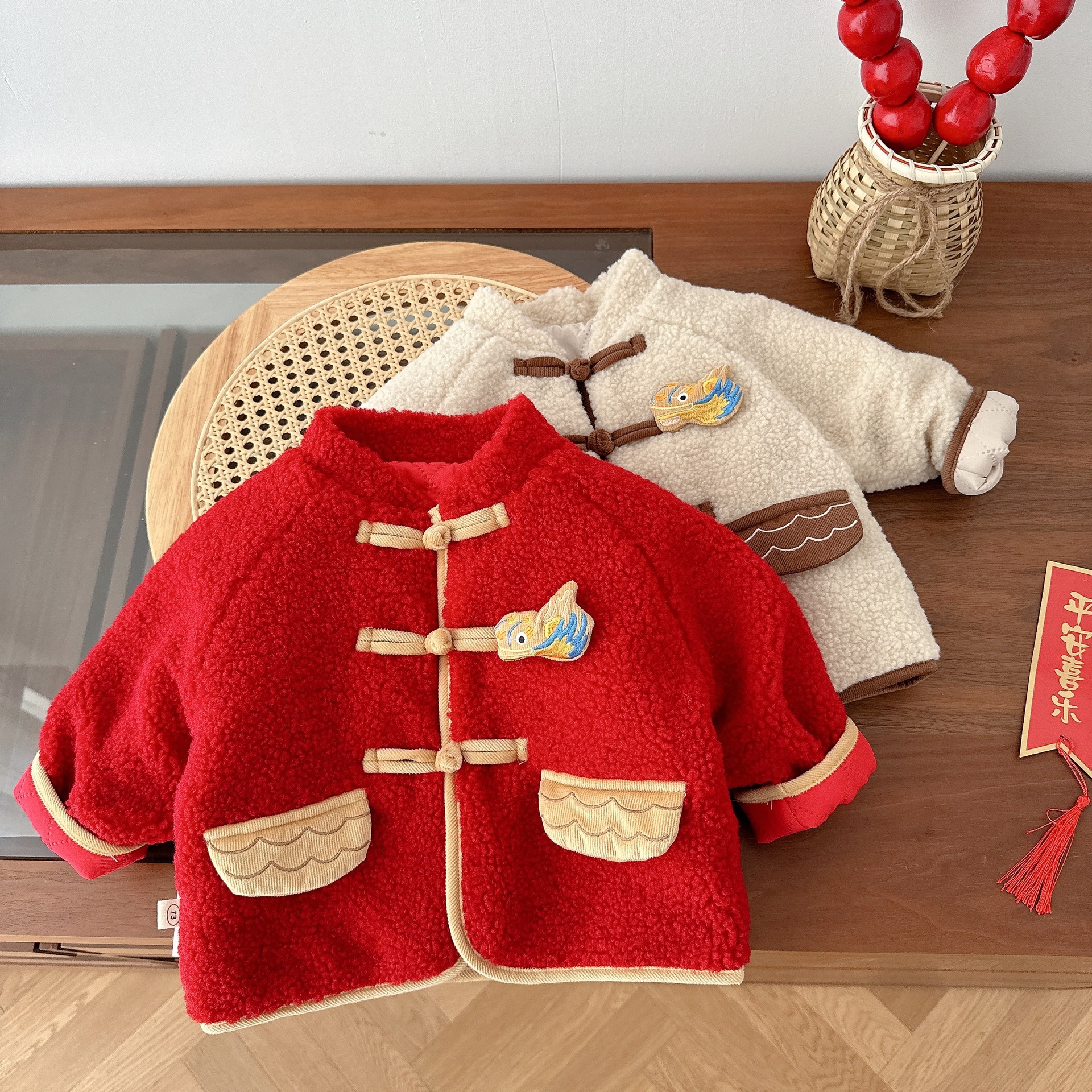 儿童夹棉拜年服0-5岁加绒宝宝红色加厚棉服婴儿复古外套潮洋气