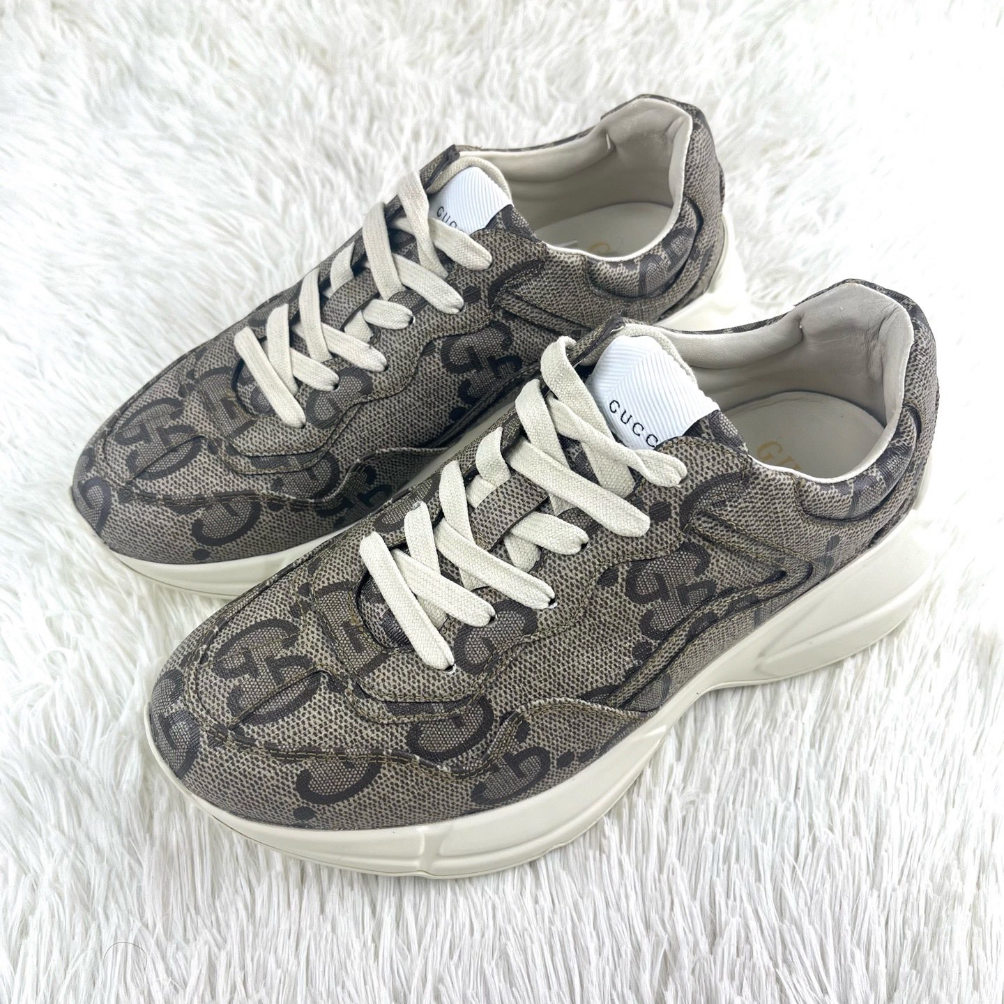 95新 GUCCI/古驰 双G满印棕色老花老爹鞋37.5码