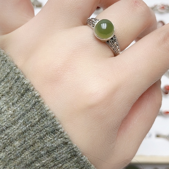 和田玉戒指银S925镶嵌天然