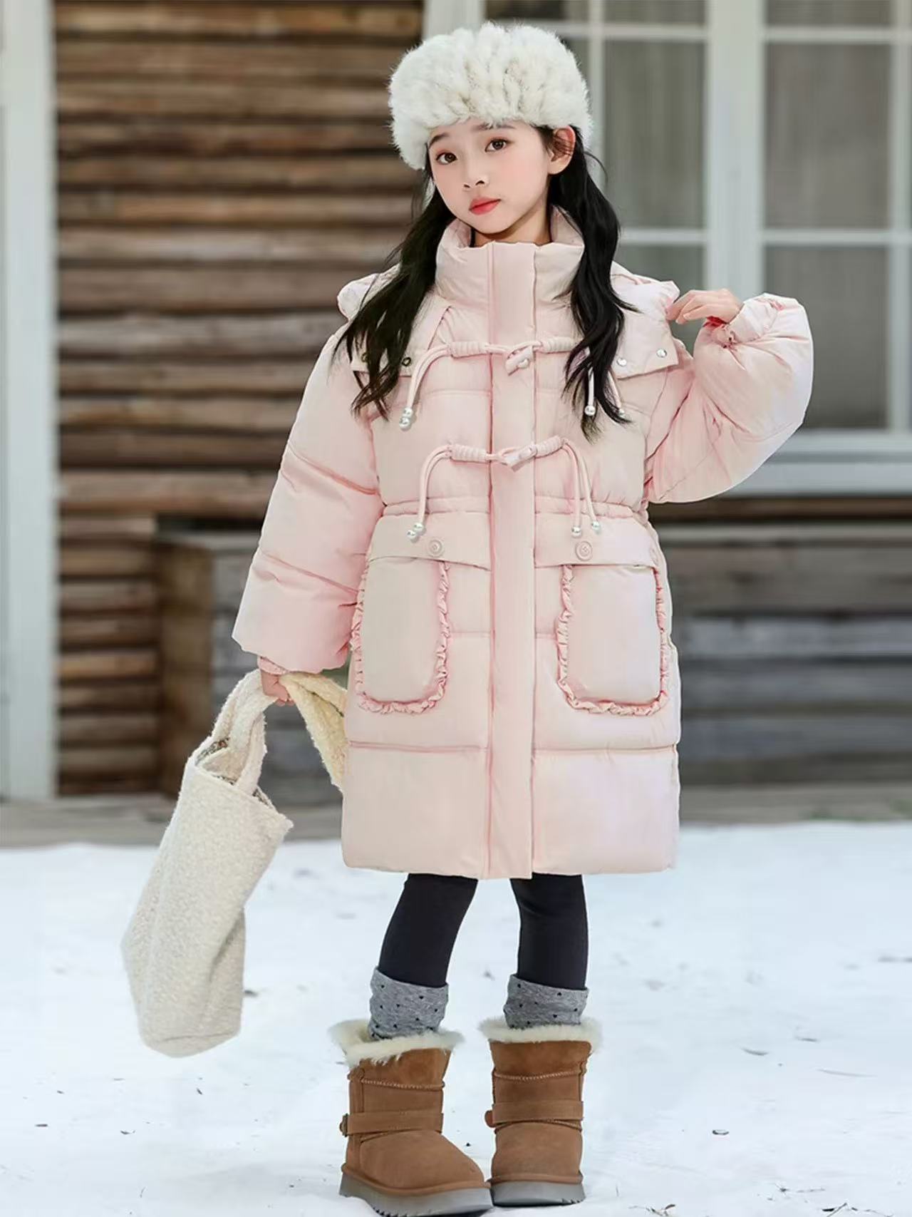 粉【淑女-中长款棉服】连帽女童棉服