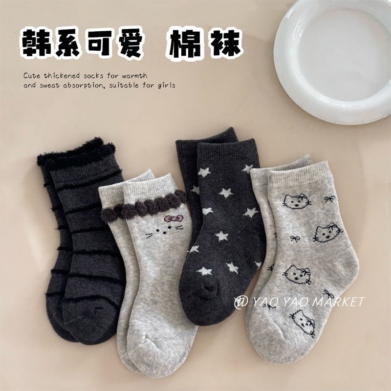 儿童袜子女童新款秋冬棉袜女孩蝴蝶结卡通春秋公主花边中筒童袜