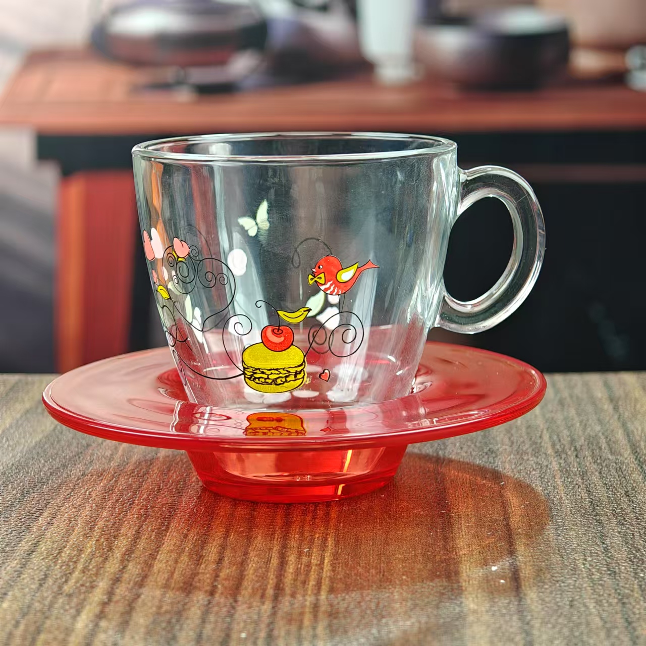 玻璃杯一杯一垫 红 A155