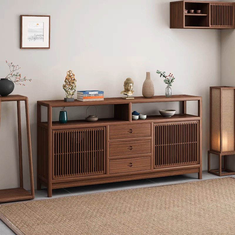 新中式老榆木实木餐边柜茶水柜茶边柜老榆木茶室茶柜置物架矮柜