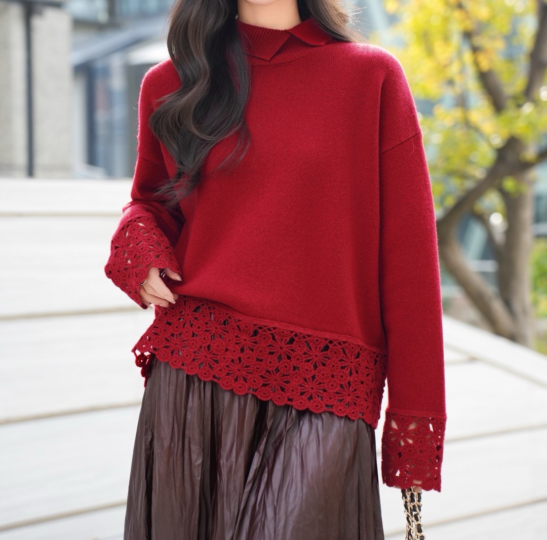  【奥兰多多&杨子家轻奢定制】小翻领钩花毛衣2729