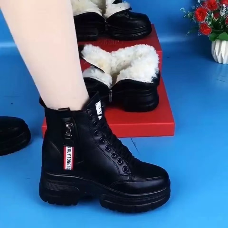 【厂家直销】马丁靴女厚底软皮加绒加厚增高妈妈棉鞋皮鞋真皮雪地靴