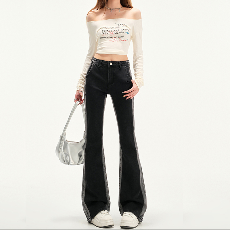 QUPENGME重工烫钻大码牛仔裤女2025新款高腰渐变修身辣妹微喇裤