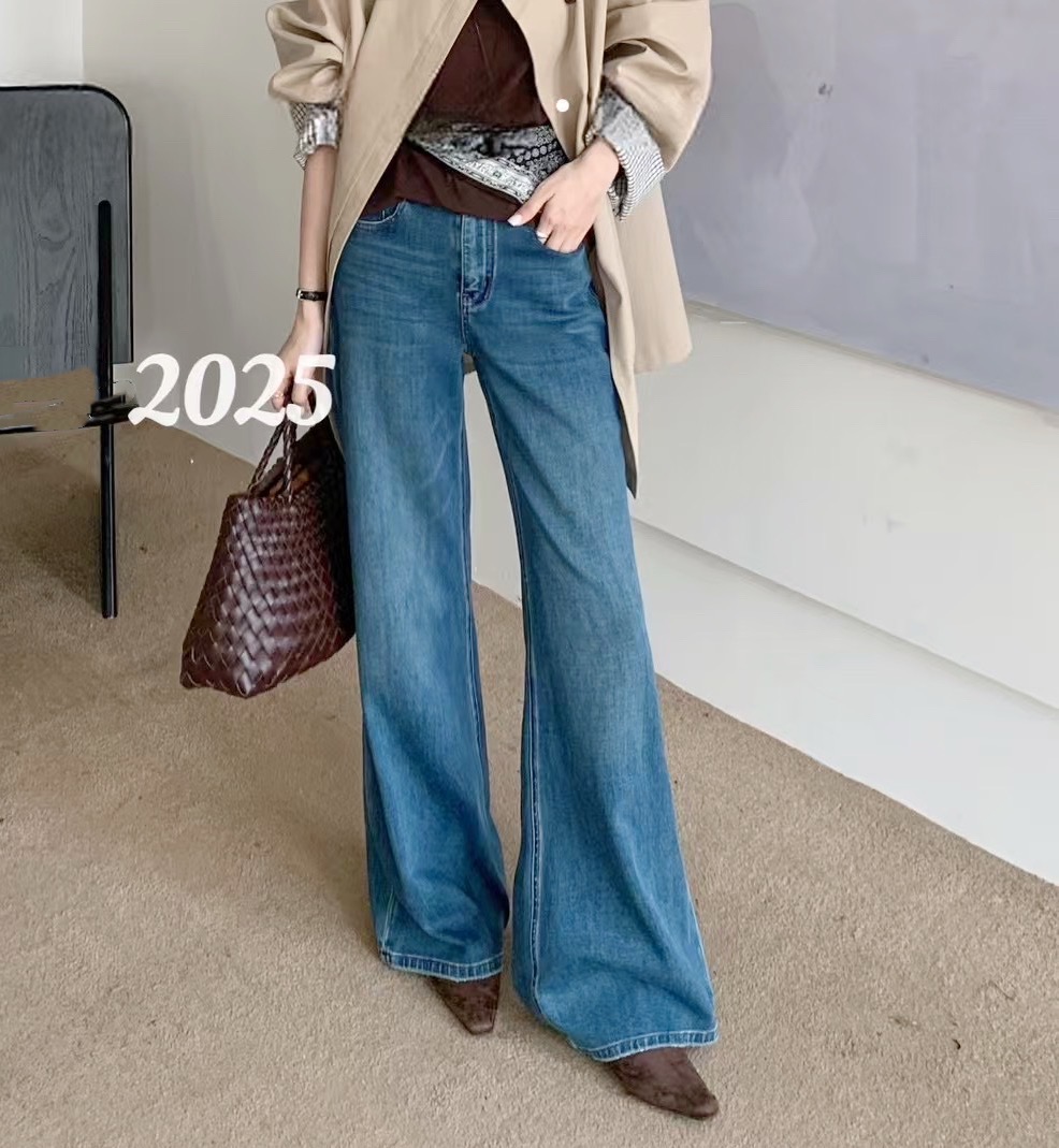 柒汐2025秋冬欧货复古气质百搭阔腿微辣高腰四面弹牛仔裤宽松