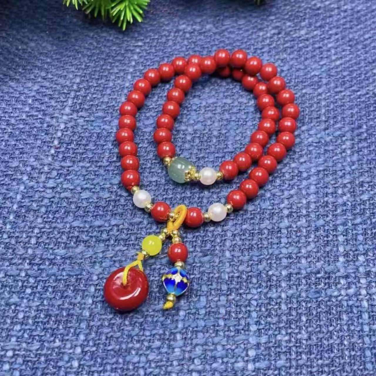 含辰砂工艺品朱砂平安扣两圈手串