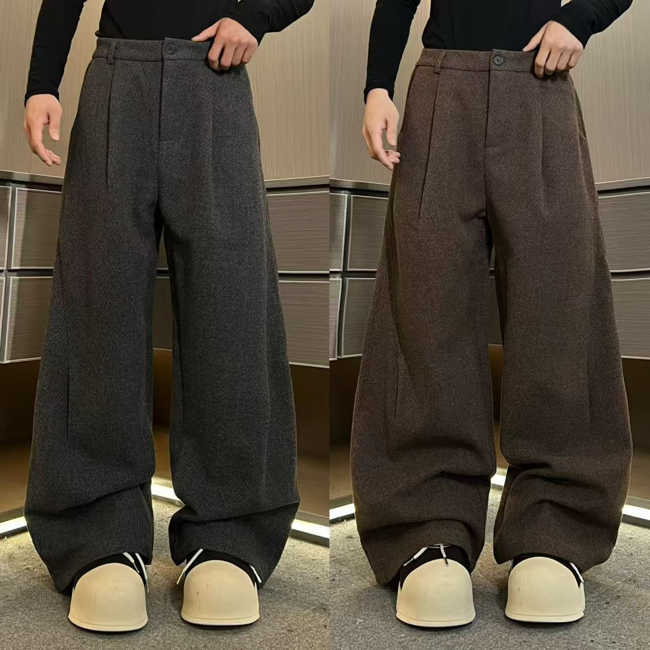 裤子WK409男士冬季高品质老钱风加厚毛呢绒立体明线宽松直筒裤