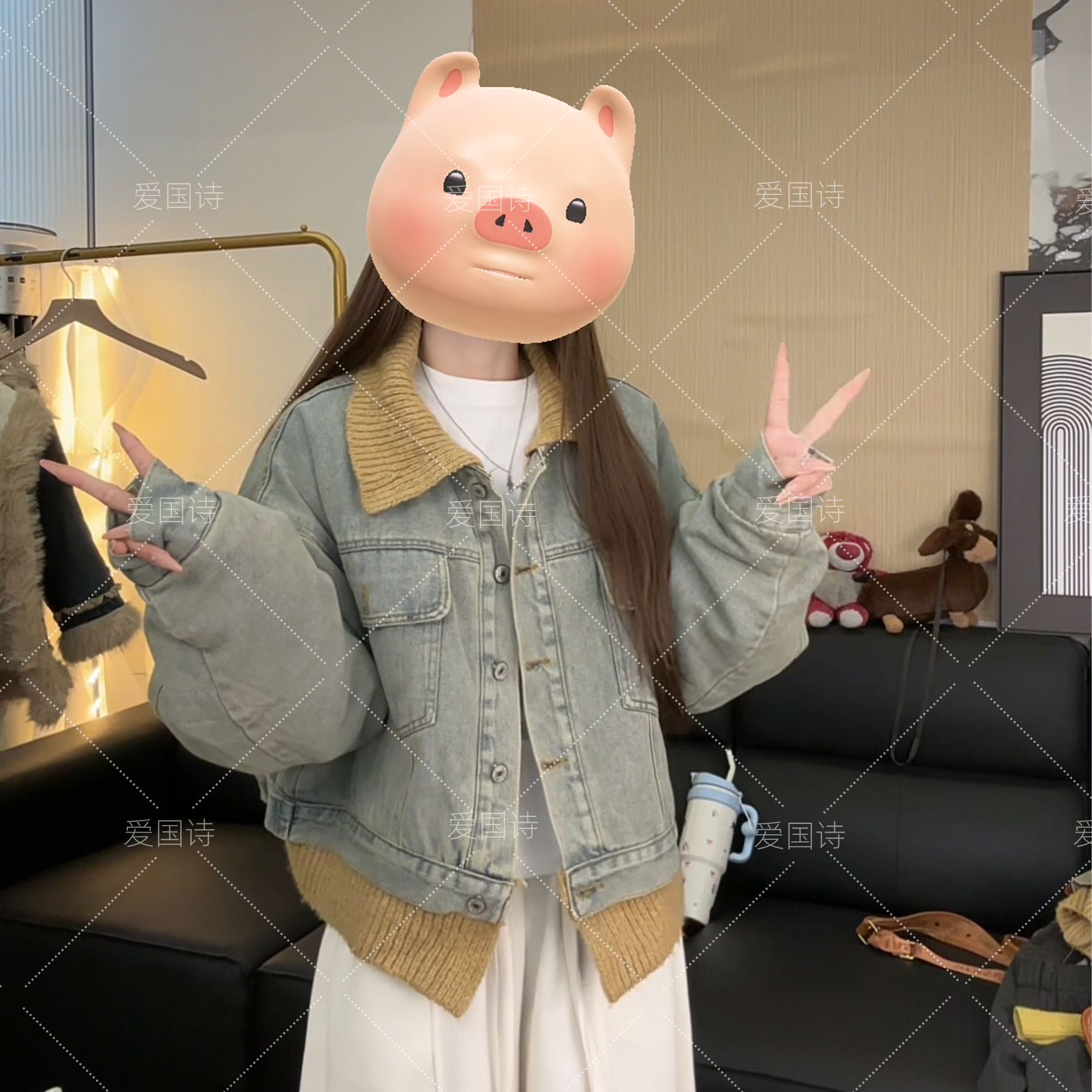 【爱国诗】美式拼接针织假两件牛仔短外套女秋冬季新款加绒夹克7-71