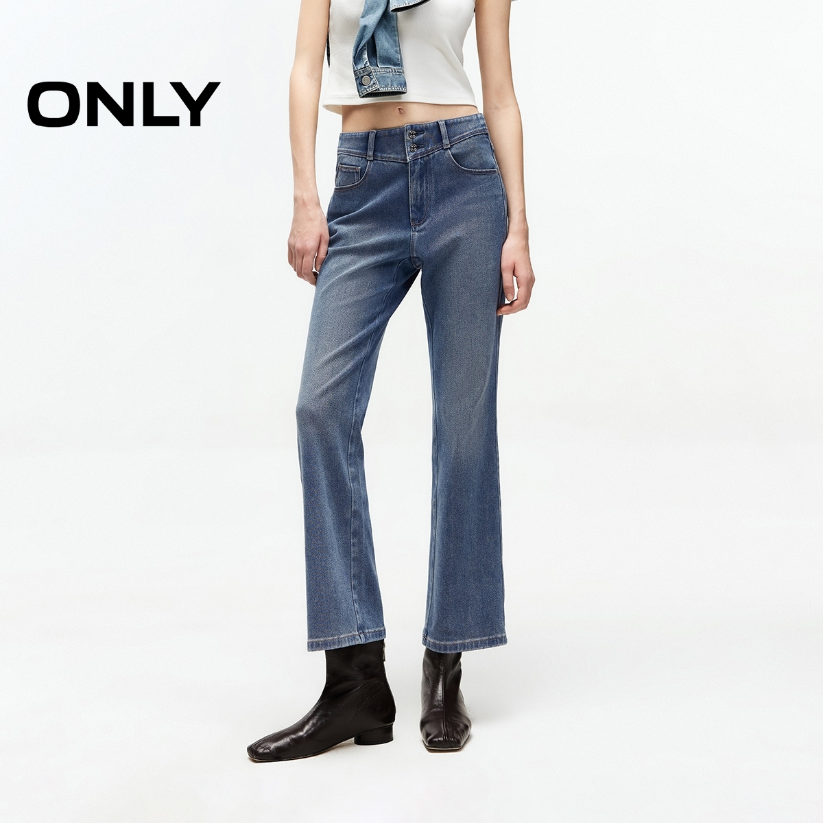 ONLY2025秋季新款时尚休闲高腰修身喇叭裤九分牛仔裤女|125349026