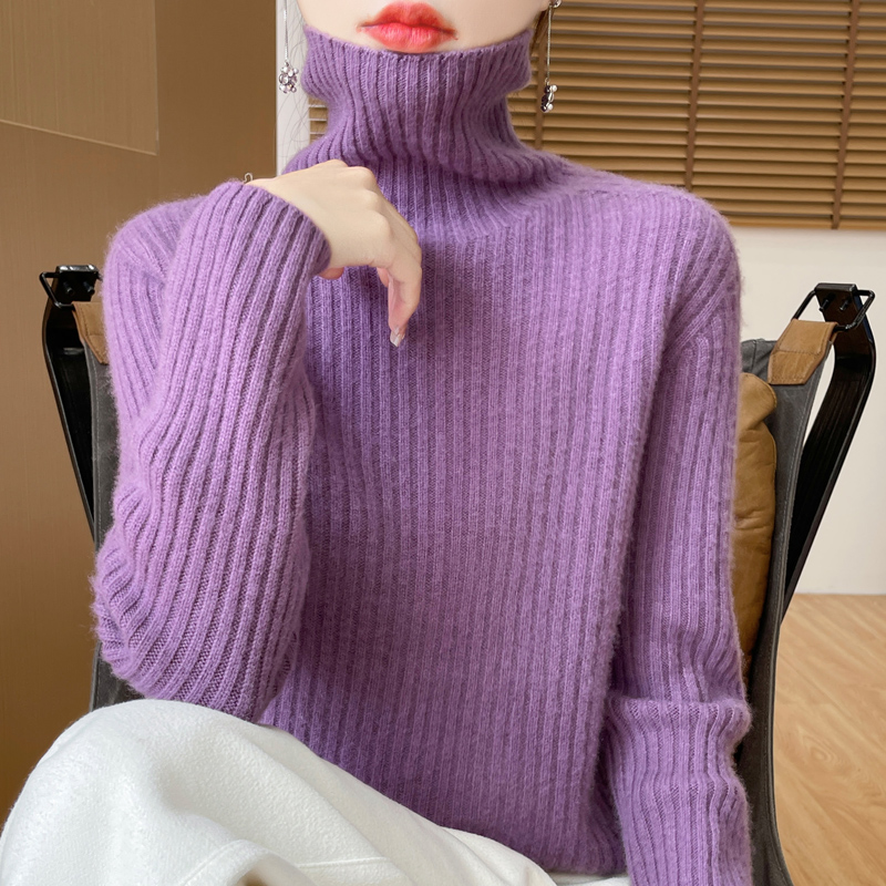 经典百搭~秋冬新款重磅加厚100羊绒女士长袖高领坑条款羊绒衫
