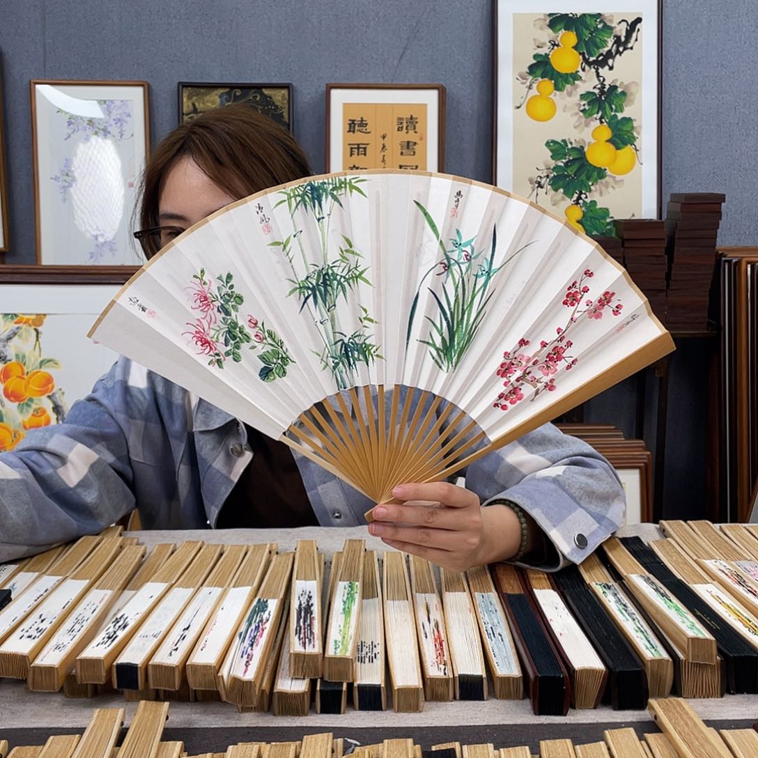 国画95寸玉竹-纯手绘-文玩扇骨（默认粘好）梅兰竹菊