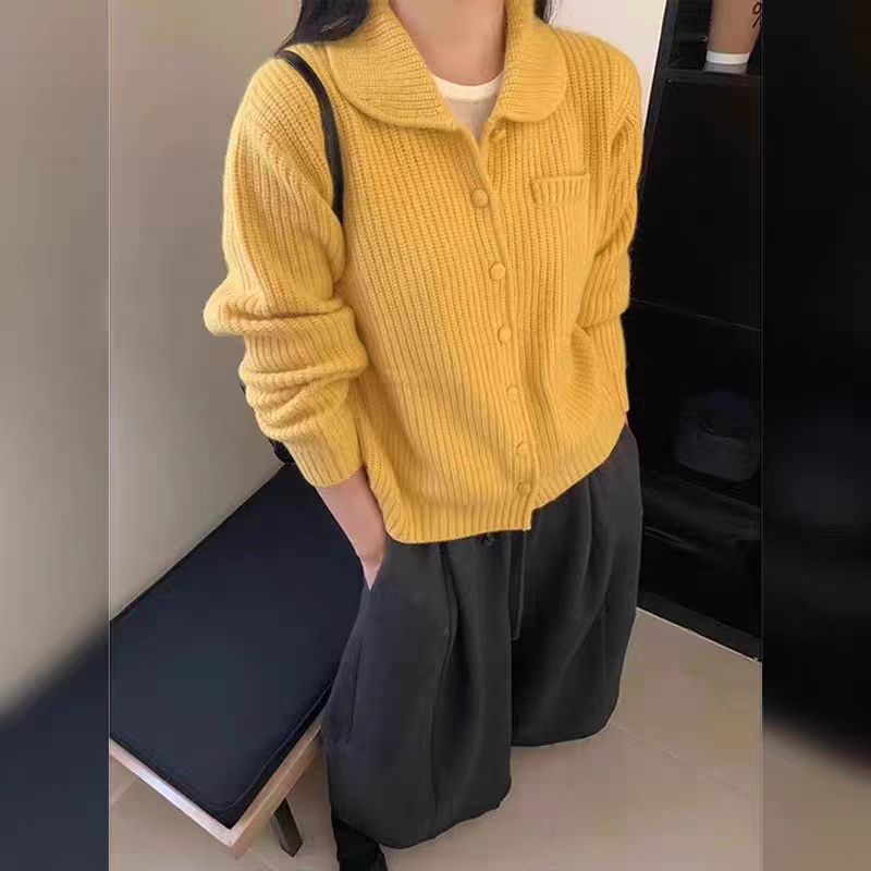 【甜美娃娃领】黄色翻领针织开衫女装秋冬季小清新纯色正肩长袖上衣