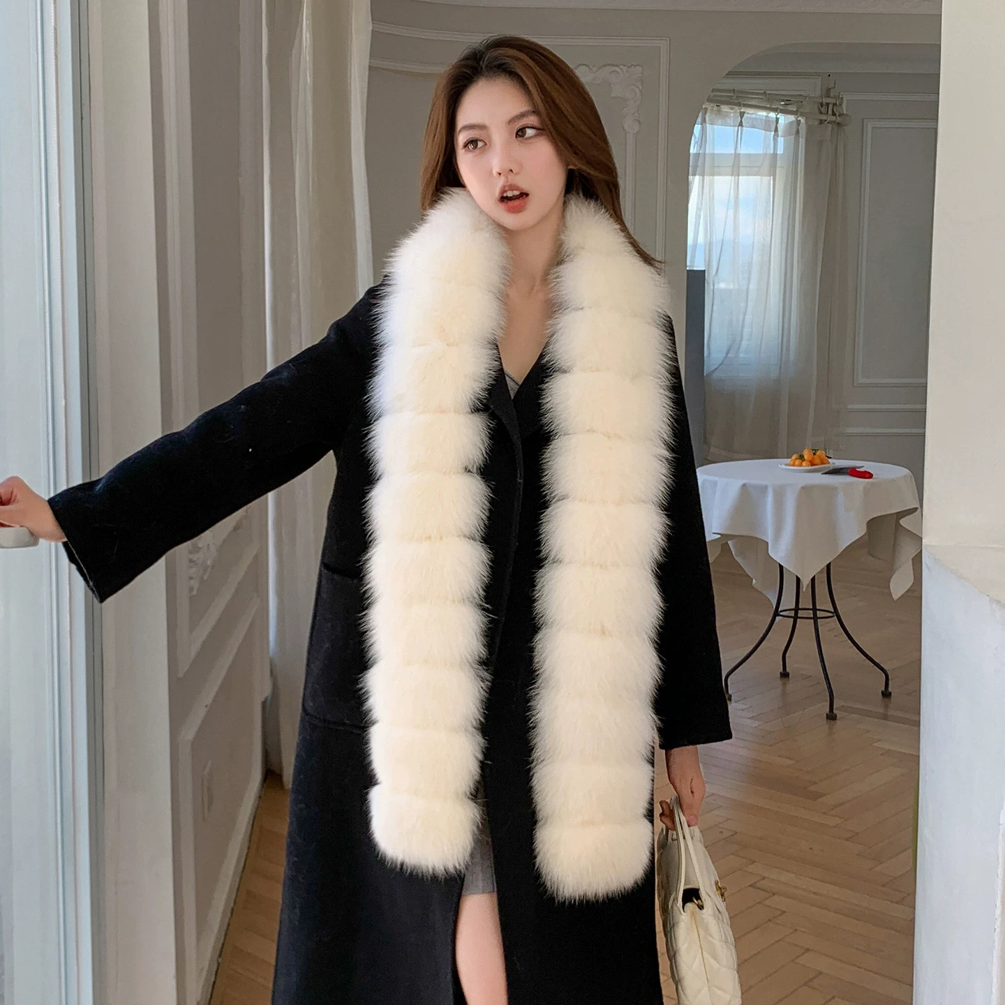 方格森系狐狸毛围巾180长毛领披肩厚款真毛保暖百搭男友风加厚女