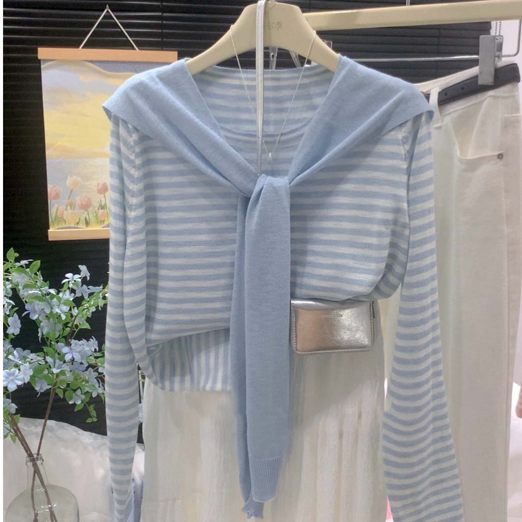 早秋新款多巴胺披肩条纹冰丝针织衫女秋季韩系穿搭两件套上衣薄