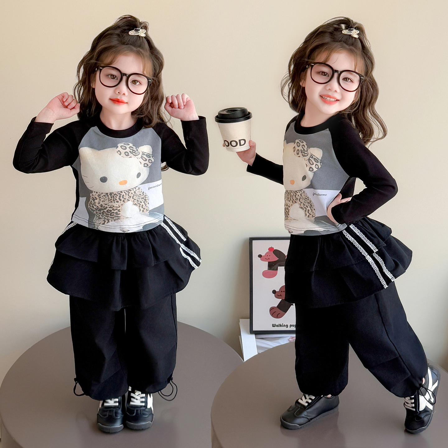 女童猫咪插肩袖打底衫套装春秋2025新款女孩休闲工装裤可爱两件套