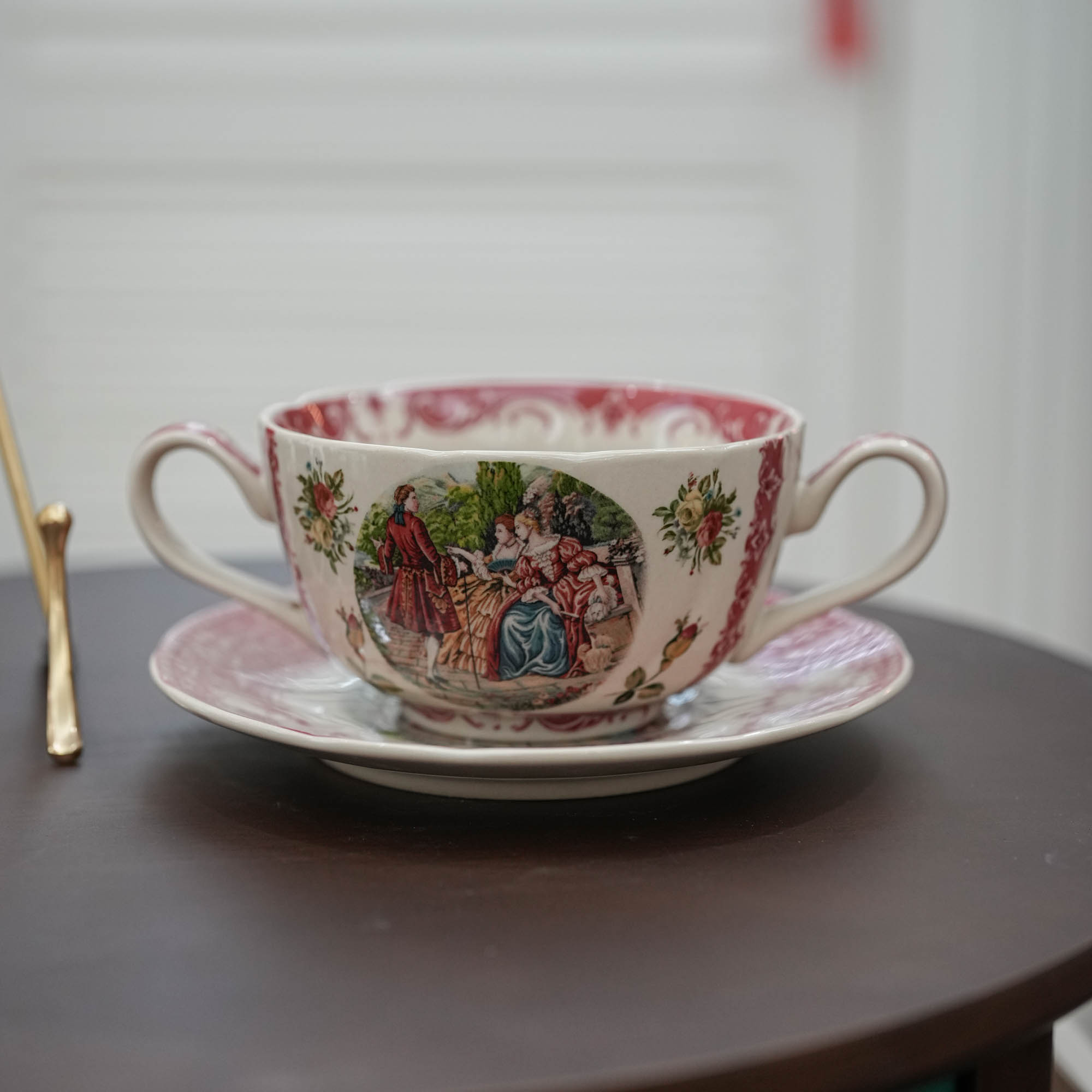 【奇居巍】西洋中古瓷器 红色双耳早餐杯碟咖啡杯水杯 人物ZP#H2158