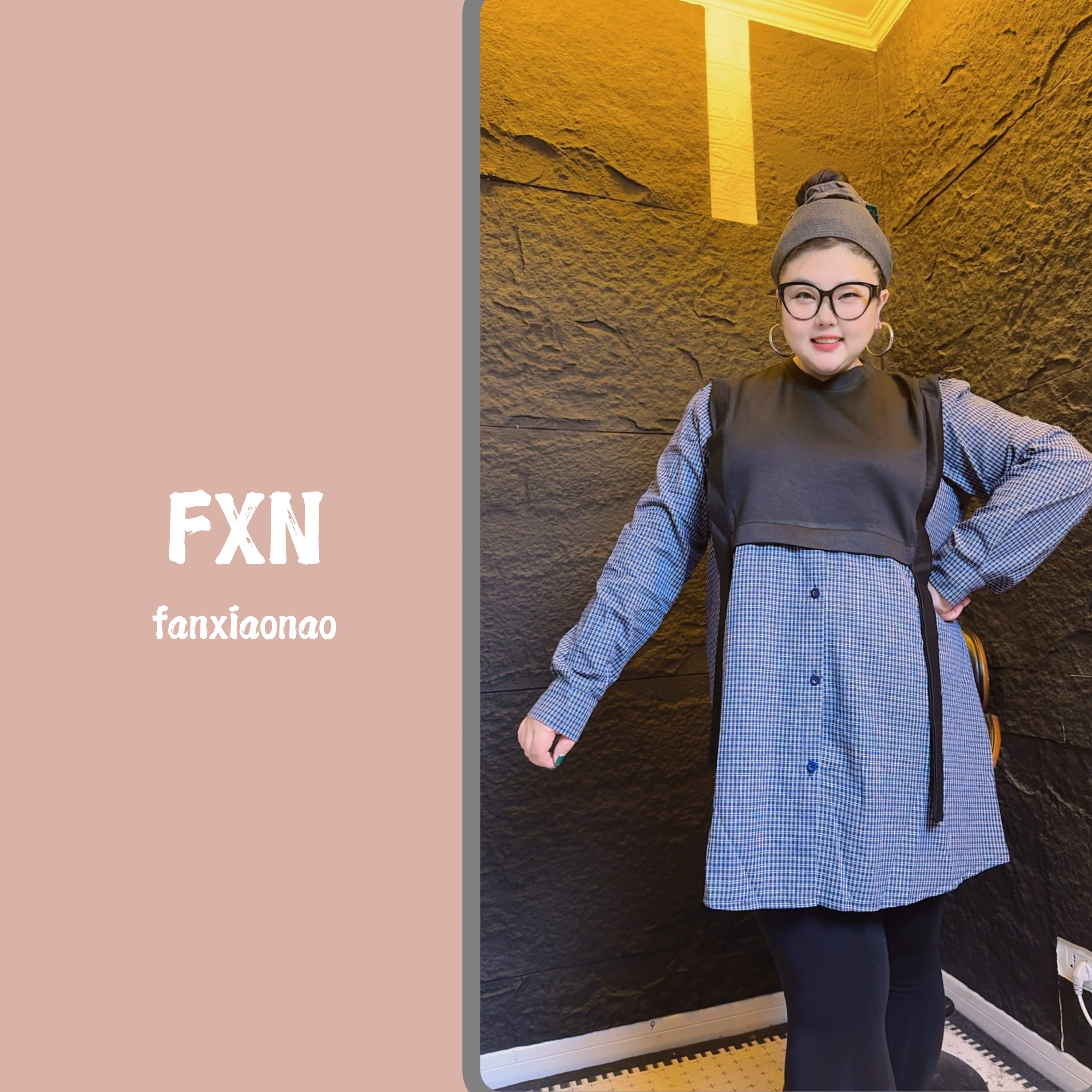 【FXN】拼接格子假两件披肩休闲长T