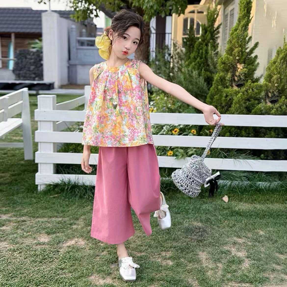 纯色民族风女碎花薄款甜美套装夏季休闲夏装常规女童