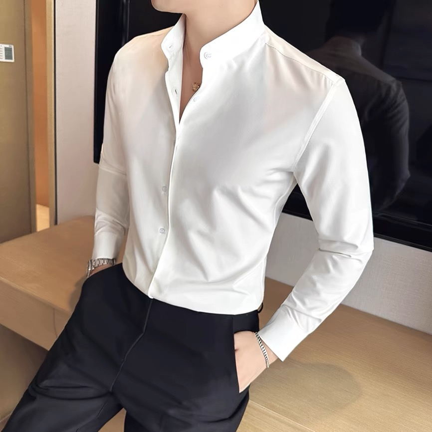 文艺范立领衬衫男高级感修身长袖西服打底衬衣意式那不勒斯衬衫潮