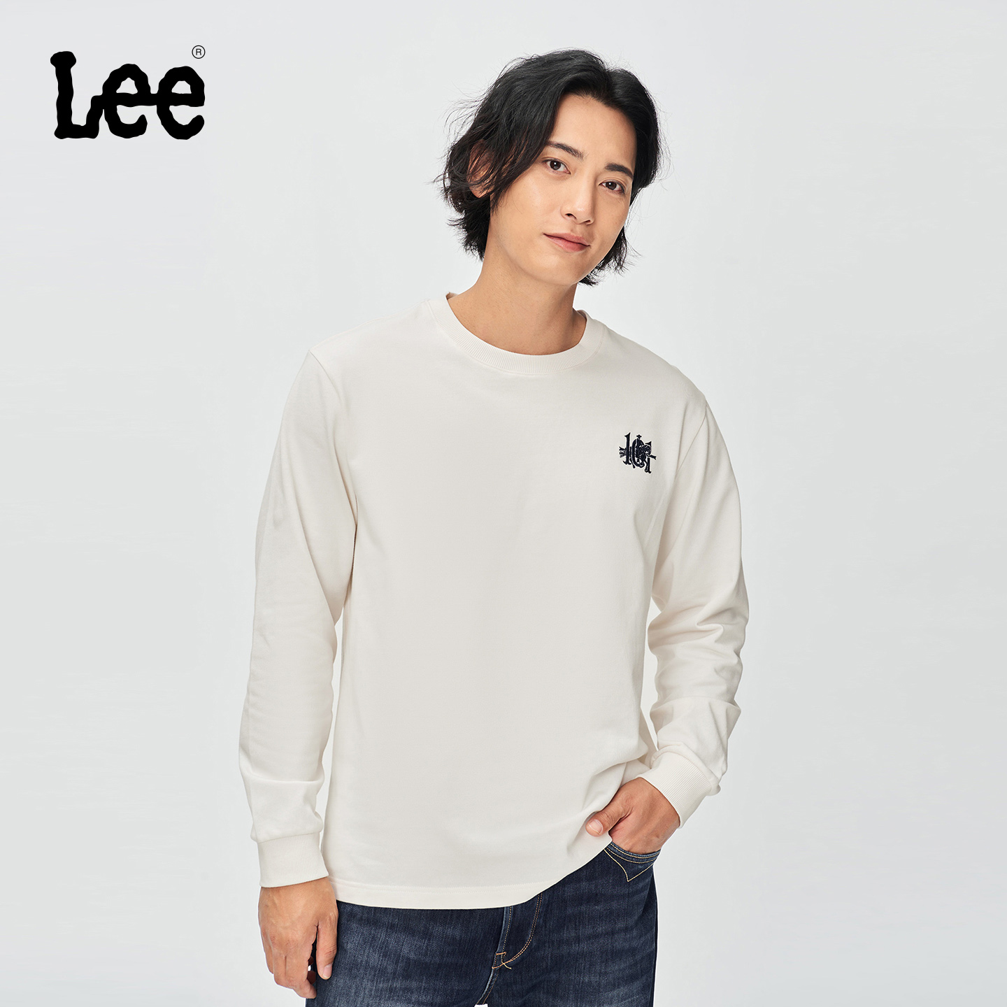 【张凌赫同款】Lee商场同款25冬新舒适版101+刺绣米白色长袖T恤休闲