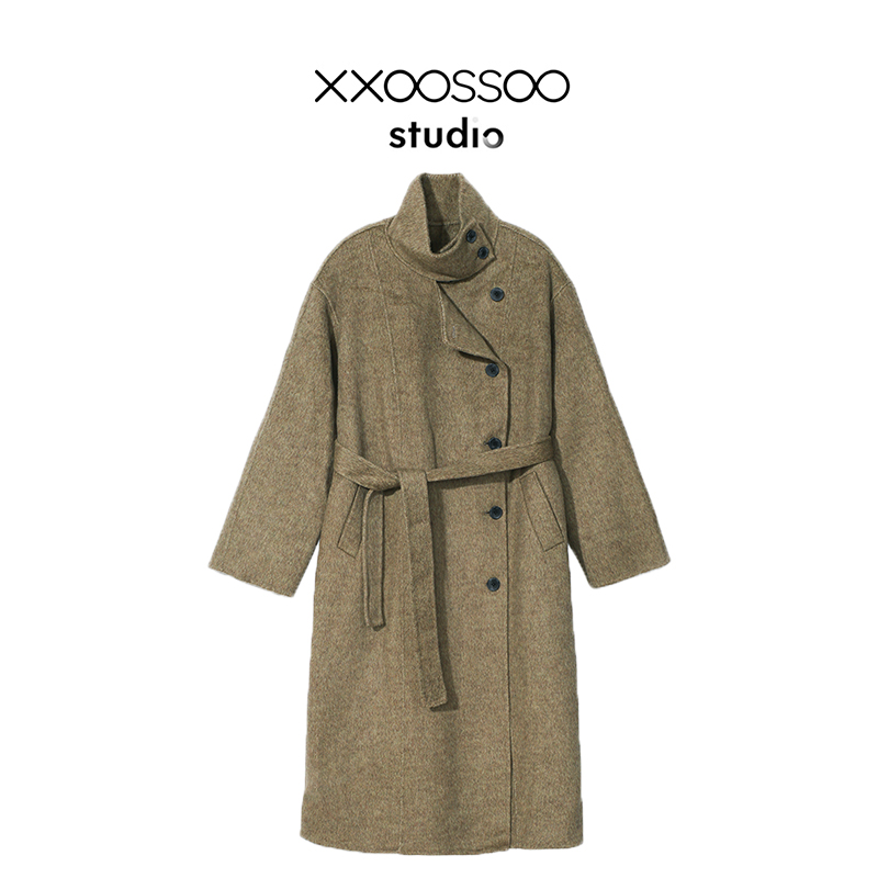 xxoossoo100%绵羊毛 翻领立领长款赫本风纯色毛呢外套外套