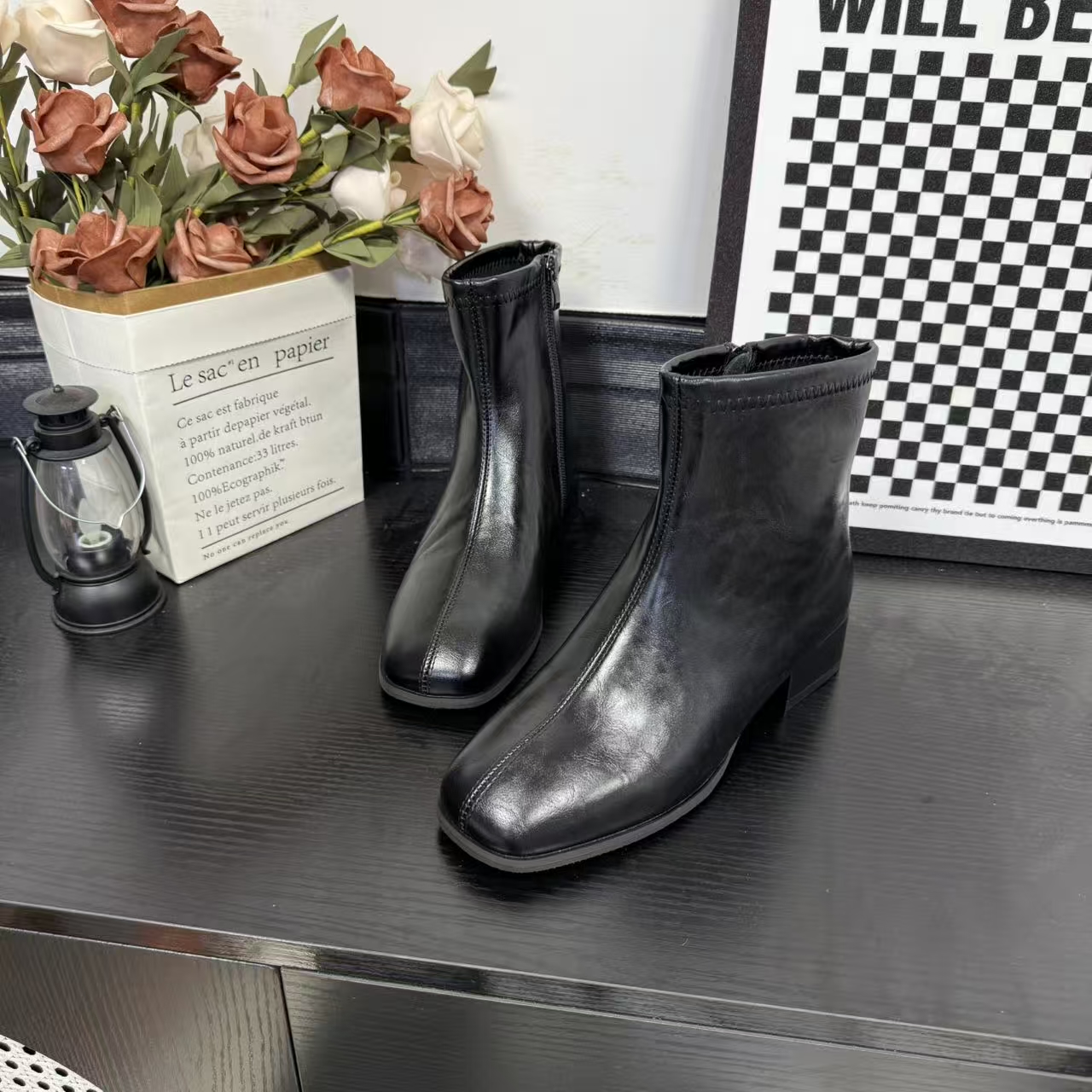 秋冬新款时尚休闲女鞋方头侧拉链粗跟短靴瘦瘦靴高跟跟鞋英伦8391