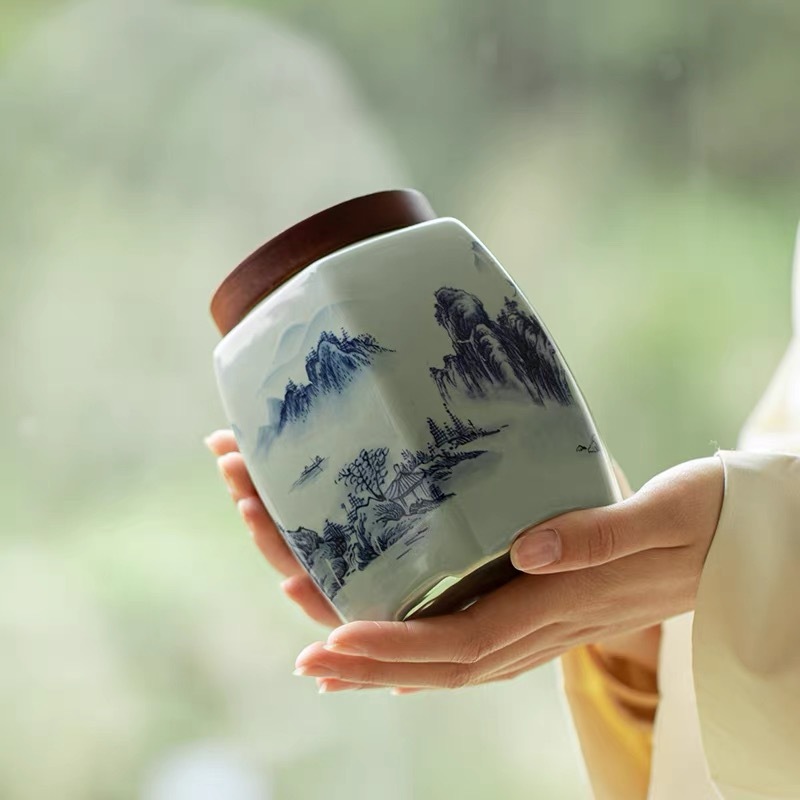 宇舟千里江山陶瓷六面茶叶罐实木盖大号储茶罐Q973