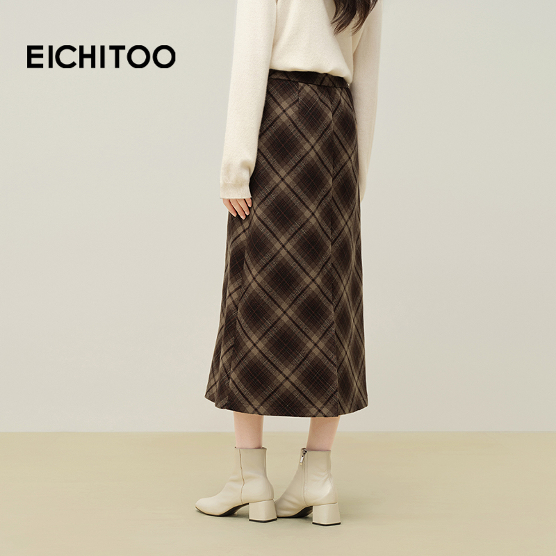 复古高腰显瘦格纹毛呢半身裙秋冬中长款包臀裙