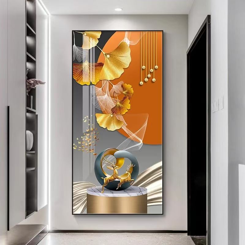 简约福禄呈祥入户玄关装饰画竖版晶瓷镶钻走廊过道壁画挂画客厅