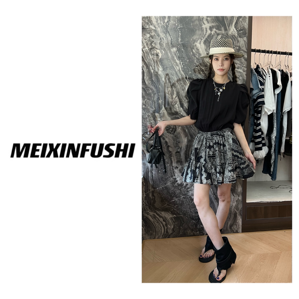 【Mei Xin】泡泡袖水墨画拼接连衣裙/0040/D